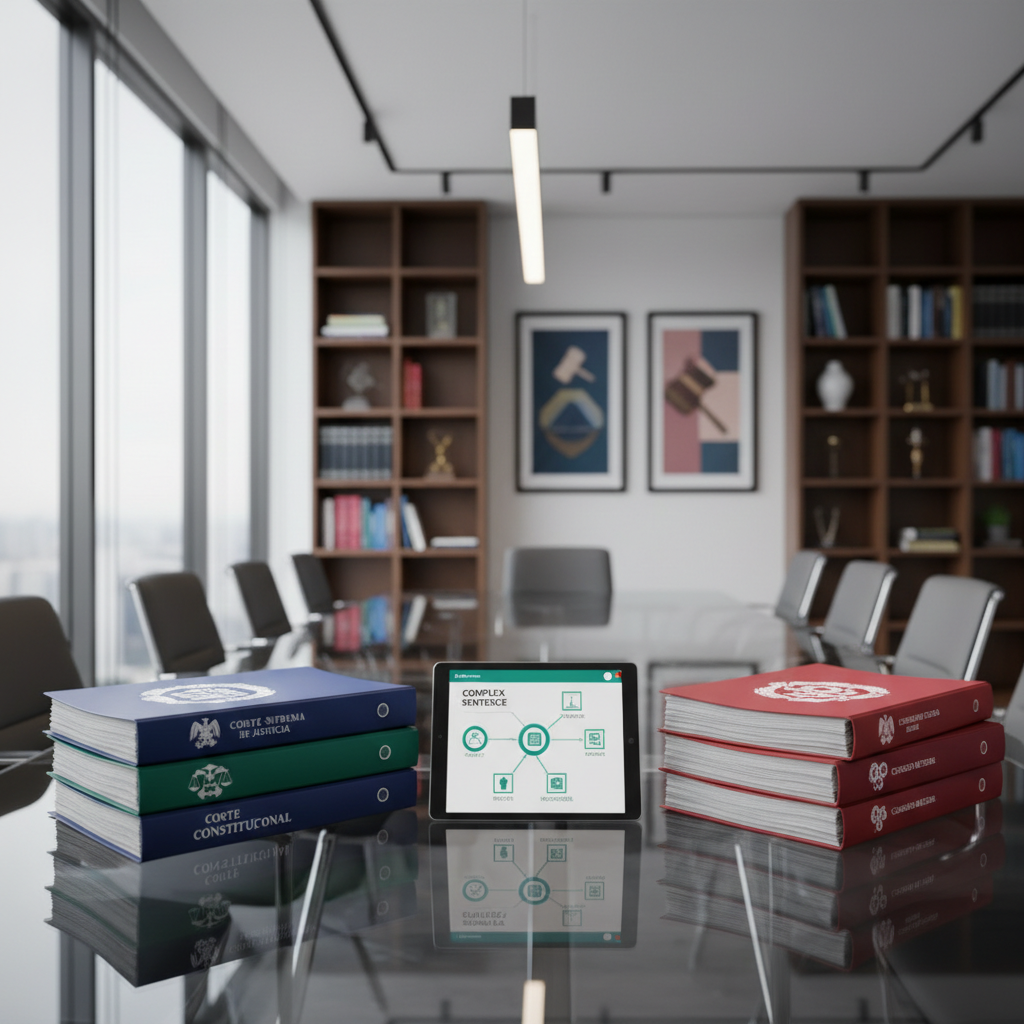 A close-up, photographic image of a modern glass-topped conference table in a bright, contemporary legal office. On the table, three distinct stacks of case folders, each with different colored bands and abstract court emblems, represent the three highest Colombian courts. Between them, a tablet displays simple, icon-based graphics and charts illustrating how complex sentences are broken down into understandable parts. Soft, even overhead lighting and daylight from floor-to-ceiling windows create a clean, professional ambiance. The composition uses a shallow depth of field to keep the table and documents in sharp focus while the background of blurred bookshelves and framed abstract legal-themed art reinforces a trustworthy, educational atmosphere.